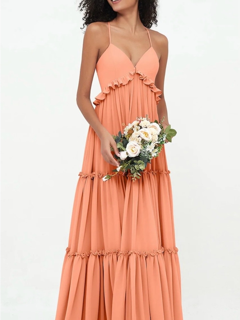 BABARONI URSULA Empire Chiffon Tiered Skirt Max Bohemian Dress in Papaya